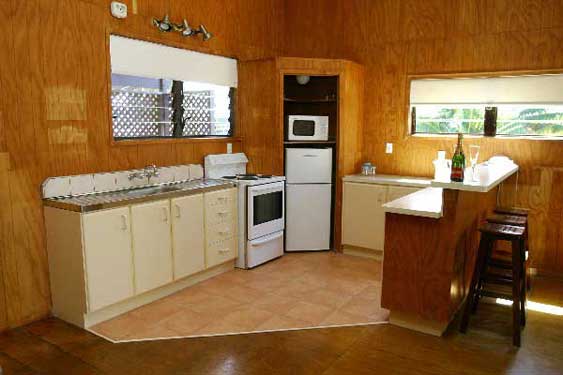 fully equipped kitchen with electric stove, microwave and fridge/freezer