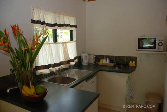 small kitchen with stovetop at Napa Beach Bungalows, Rarotonga, Cook Islands