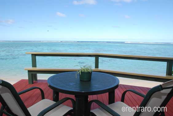 on the verandah looking out over the clear blue waters of Rarotonga’s least populated and cleanest beach area