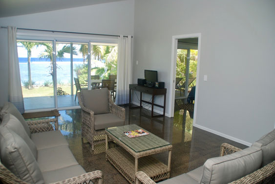 spacious living area with lagoon views