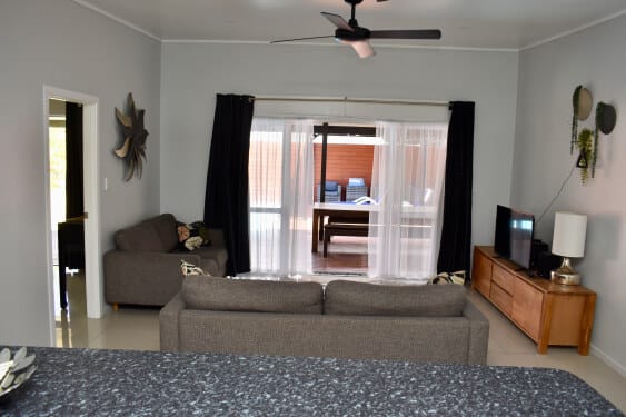 kitchen with living area in background