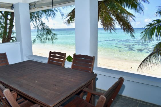 veranda view showing blue lagoon and white sand beach